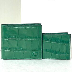 Coach Mens Green Croc Embossed Leather 3-in-1 ID Billfold
